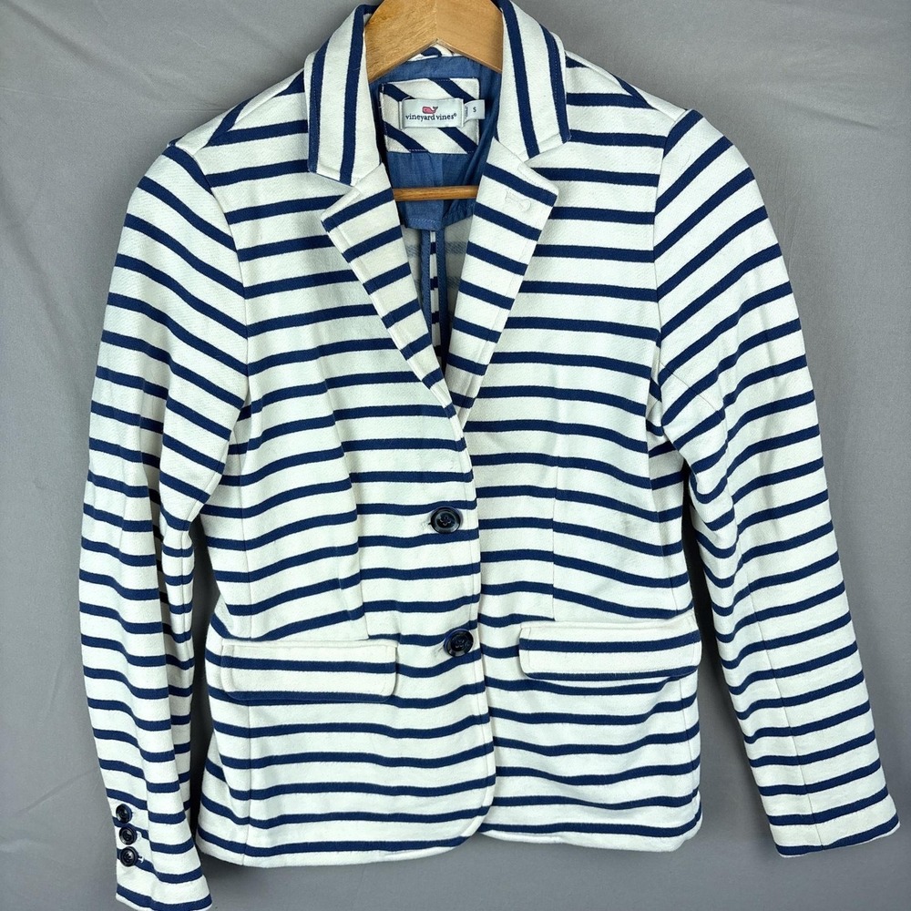 Vineyard Vines Striped Knit Blazer Womens Small Navy White Nautical Cotton Lined